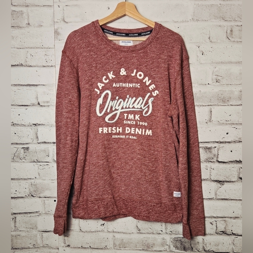 Jack & Jones Originals XL Marled Red Graphic Crewneck Sweatshirt Cotton